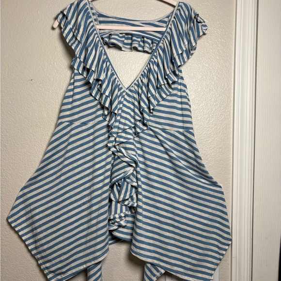 FP Beach Soft Blue Striped Tunic/Dress/Coverup. Open Back Detail, Ruffle Front. - Picture 5 of 16
